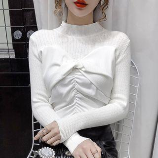 Bow Shirred Paneled Knit Top