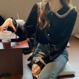 Contrast Trim Velvet Blouse Black - One Size