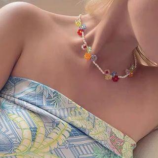 Flower Bead Faux Pearl Choker Orange & Blue & Yellow - One Size