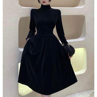 High-neck Velvet Midi Dress