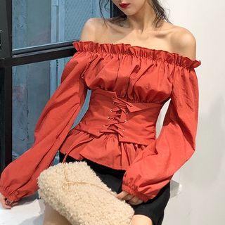 Cold-shoulder Drawstring Balloon-sleeve Blouse