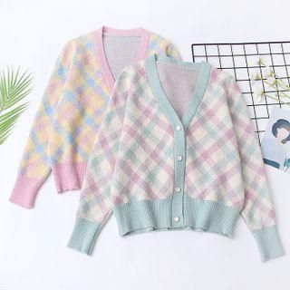 Color Block Gingham Knit Cardigan