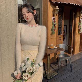 Floral Embroidered Knit Top White - One Size