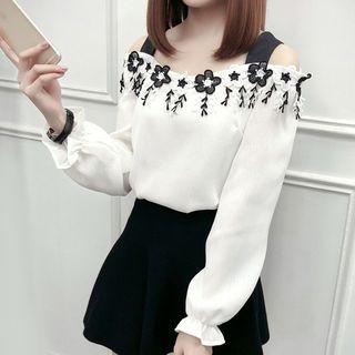 Flower Detail Off-shoulder Long-sleeve Top