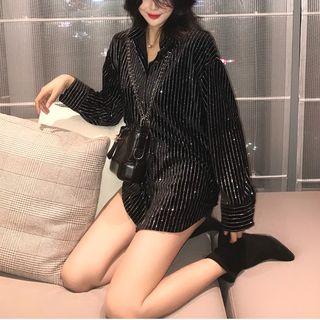 Sequined Long-sleeve Loose-fit Shirt Black - One Size