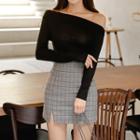 Long-sleeve Off Shoulder Top / Plaid Mini Skirt