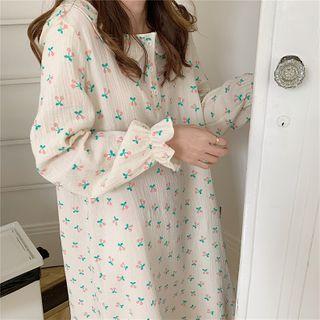 Long-sleeve Floral Print Dress White - One Size