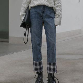 Plaid Panel Frayed Straight-fit Jeans