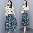 Set: Short-sleeve Dotted Blouse + Floral Print Midi A-line Skirt