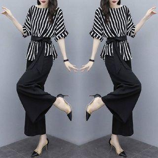 Set: Striped Elbow-sleeve Blouse + Wide-leg Pants