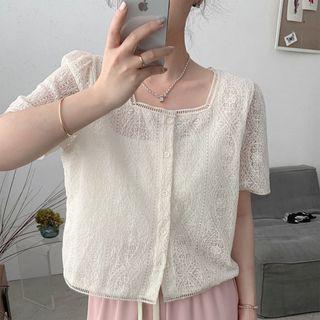 Short-sleeve Plain Lace Blouse Beige - One Size