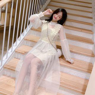 Set: Lantern-sleeve Midi Mesh Dress + Spaghetti Strap Mini Dress
