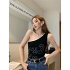 One-shoulder Letter Embroidered Tank Top Black - One Size