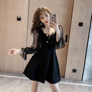 Mesh Panel Lantern-sleeve A-line Dress