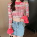 Long-sleeve Plaid Crop Top Rose Pink - One Size