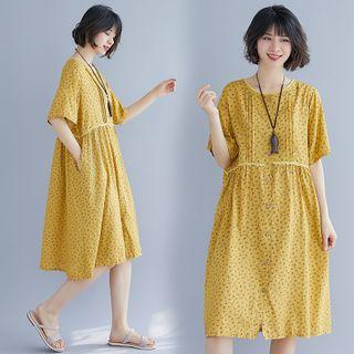 Floral Print Pintuck Elbow-sleeve A-line Dress