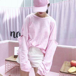 Plain Loose-fit Distressed Long-sleeve T-shirt
