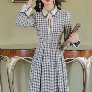 Long-sleeve Collared Check Midi A-line Dress