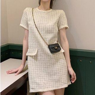 Short-sleeve Tweed Checker Mini Dress