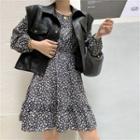 Floral Print Long-sleeve Mini A-line Dress / Single-breasted Vest