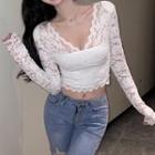 Long-sleeve V-neck Lace Crop Top / Camisole Top