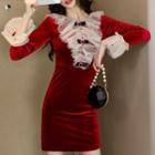 Velvet Long-sleeve Ruffle-trim Mini Sheath Dress