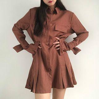 Bell-sleeve Pinstriped Mini A-line Shirtdress