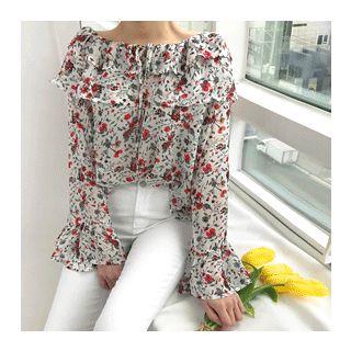 Floral Patterned Ruffle-trim Sheer Top