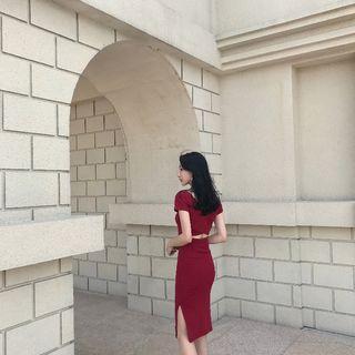 Cutout Back Short-sleeve Sheath Dress