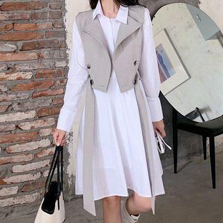 Set: Long-sleeve A-line Shirt Dress + Double Breasted Vest
