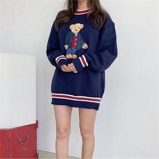 Bear Patch Contrast-trim Knit Top Navy Blue - One Size