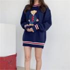 Bear Patch Contrast-trim Knit Top Navy Blue - One Size