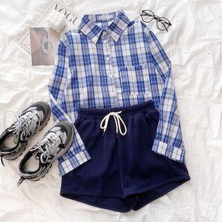 Long-sleeve Plaid Shirt / Plain Shorts