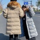 Couple Matching Long Furry-trim Plaid Zip Hooded Padded Coat