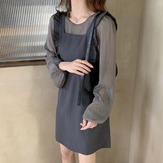 Set: Long-sleeve Blouse + Ruffle Trim Mini A-line Pinafore Dress