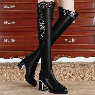 Patent Lace-panel Block-heel Over-the-knee Boots