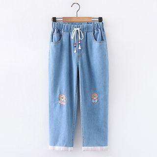 Bear Embroidered Drawstring Cropped Jeans