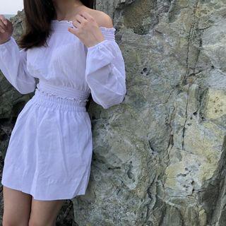 Set: Off Shoulder Long-sleeve Blouse + A-line Skirt