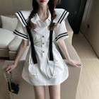 Short-sleeve Sailor Collar Shirt / Mini A-line Suspender Skirt