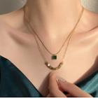 Rhinestone Pendant Layered Stainless Steel Necklace Green & Gold - One Size