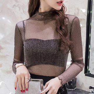 Mock Neck Long Sleeve Sheer Top