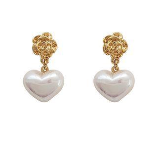 Heart Faux Pearl Rose Alloy Dangle Earring 1 Pair - Gold & White - One Size