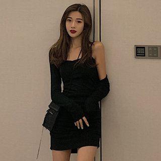 Spaghetti-strap Shirred Dress / Shrug Cardigan