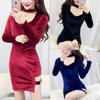 Long-sleeve Cut Out Mini Bodycon Velvet Dress