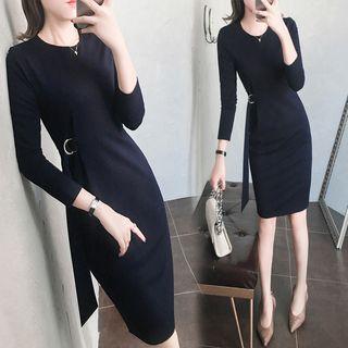 Long-sleeve Buckled Sheath Dress
