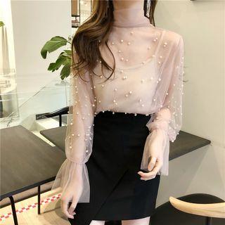Set: Faux Pearl Tie-neck Sheer Blouse + Camisole
