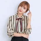 3/4 Sleeve Tie-neck Striped Blouse