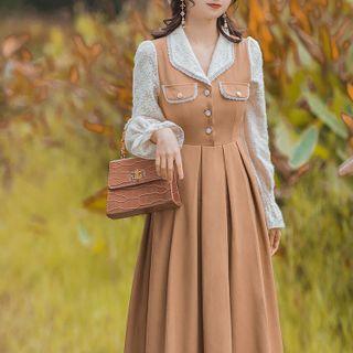 Mock Two-piece Lace-sleeve Midi Dress