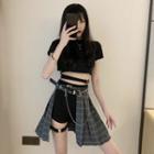 Short-sleeve Buckled T-shirt / Plaid A-line Skirt / Hot Pants / Chain