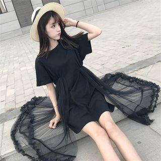 Elbow-sleeve Sheer Panel T-shirt Dress